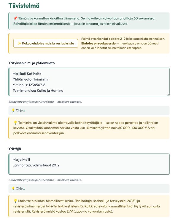 Liiketoimintasuunnitelman kenttiä, joissa yrityksen tiedot on esitäytetty ja kentän ohje on avattu