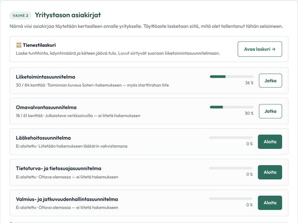 Jäsenalueen etusivu, jossa näkyy jokaisen asiakirjan täyttöaste prosentteina ja Soteri-rekisteröinnin valmius